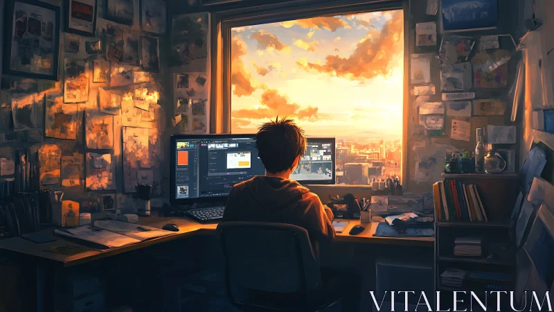 Digital compositor at sunset workstation, dual-monitor immersion.