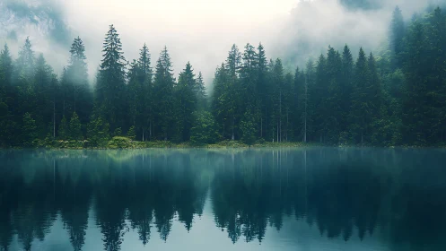 Misty Lake Mirror Reflects Evergreen Forest Landscape.