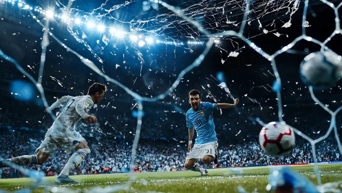 Dramatic football goal capture from inside shattered net.