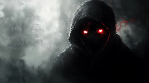 Hooded shadow figure stares forward with glowing red eyes
