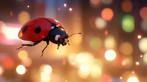 3D ladybug in flight over glowing city bokeh lights.