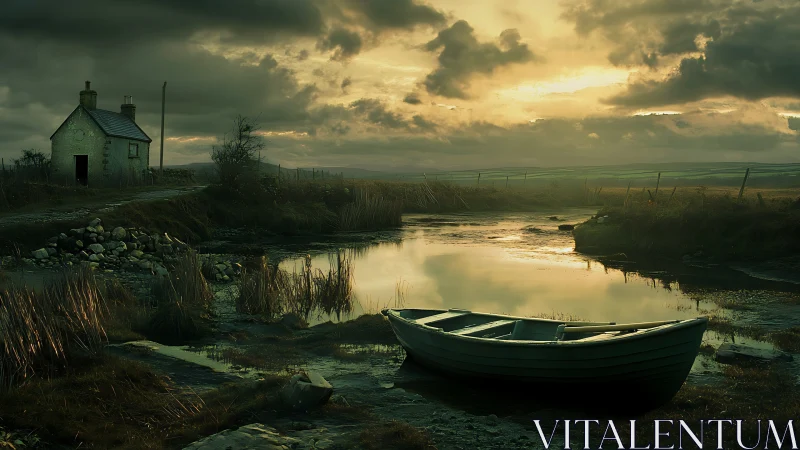 Marooned rowboat under stormlit marshland sky at dusk.