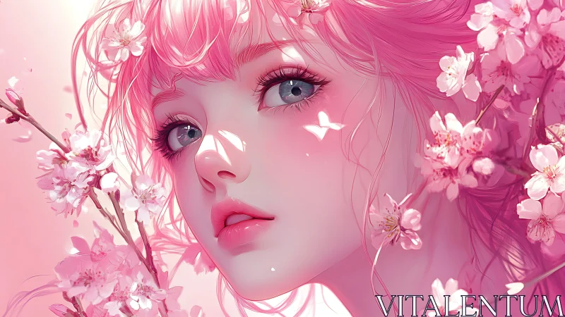 Pink haired female portrait with cherry blossoms framing face.