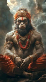 Divine monkey warrior meditates in a storm-lit mountain shrine