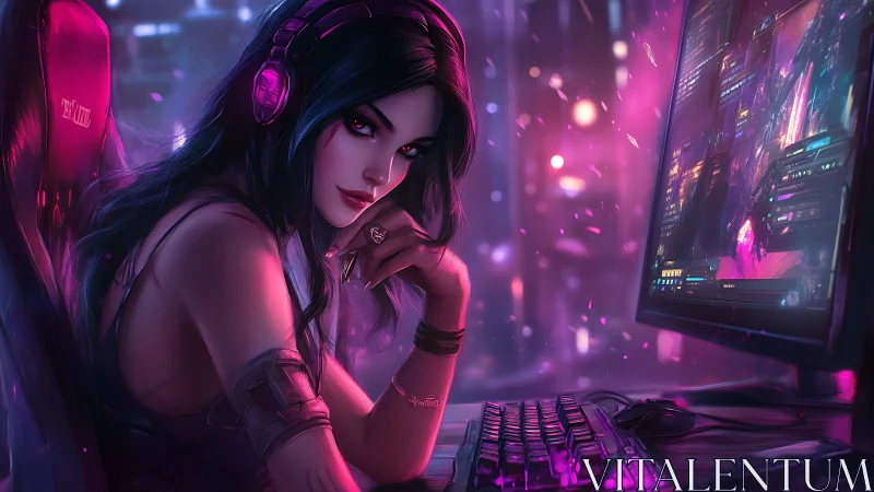 Cyber gamer girl glows in neon-lit streaming command center.