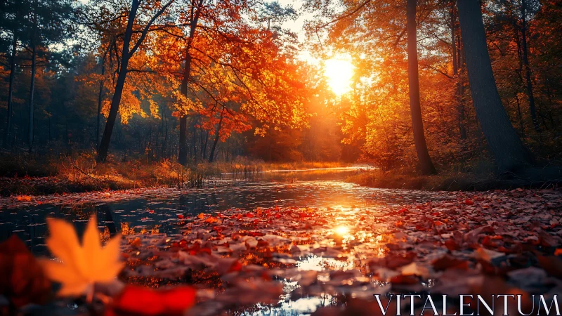 Autumn forest stream with sunset light reflecting on water.