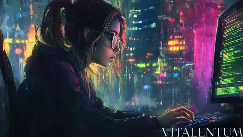 Neon-soaked coder carves luminous logic into the midnight grid