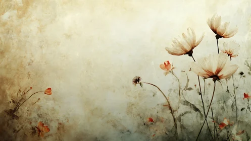 Delicate flowers bloom in a vintage, distressed atmosphere.