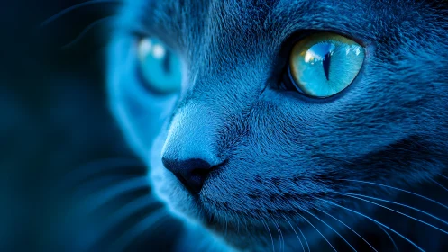 Feline Portrait: Turquoise Eyes and Chromatic Lighting Study.