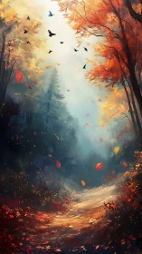 Autumn Forest Pathway with Migrating Birds in Atmospheric Mist