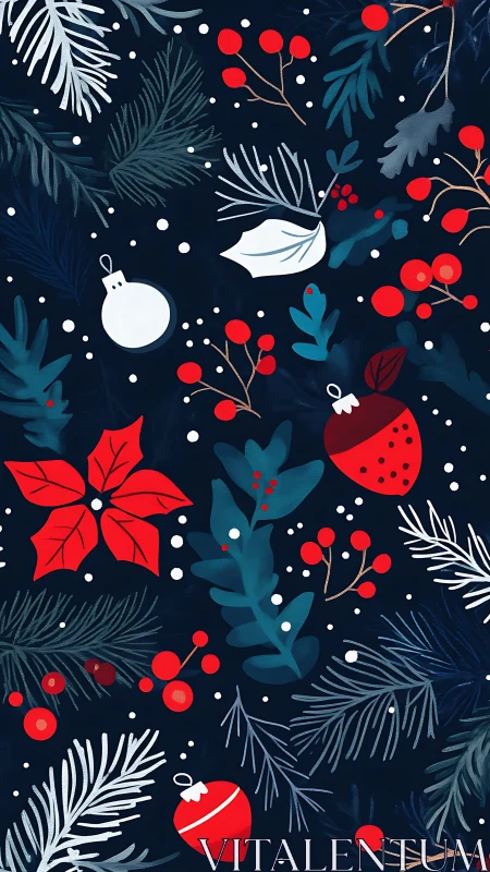 Midnight holly tangle with bright berries and baubles.