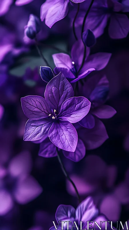 Velvet Shadows Dance: Purple Petals Luminous Silence.