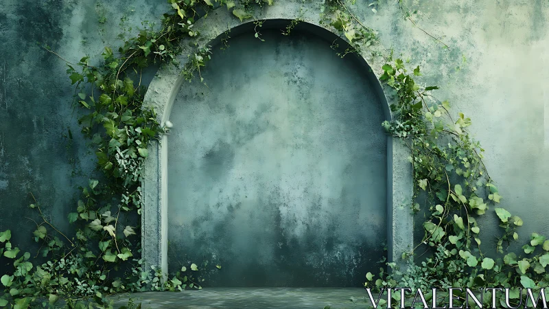 Weathered arched wall opening with dense green foliage.