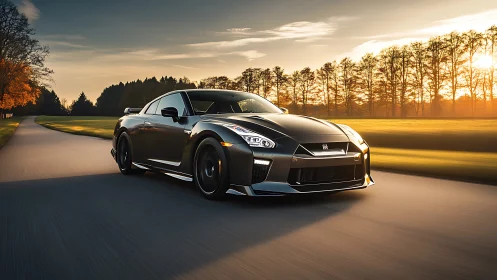 Aerodynamic GT sports coupe on sunlit rural asphalt roadway.