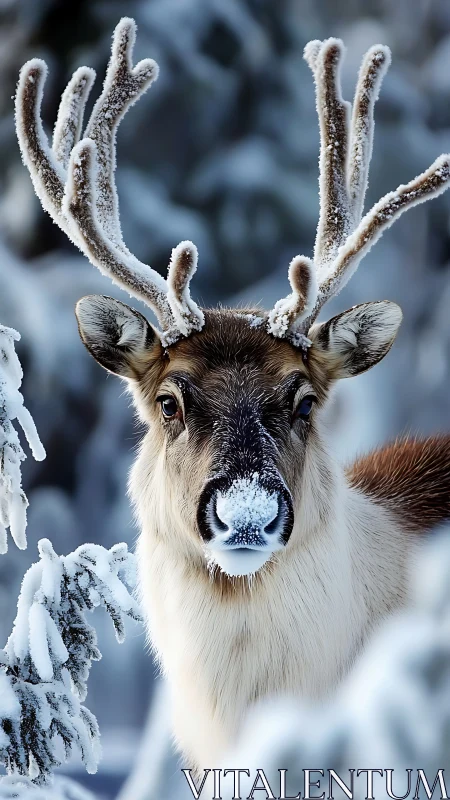 Frosted reindeer portrait with hoar-coated velvet antlers.