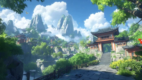 Sunlit mountain temple village wrapped in drifting clouds.