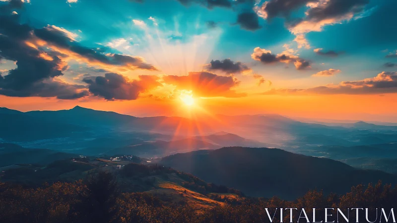 Sunburst over sapphire ridges and ember-washed horizons.