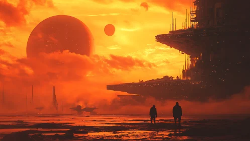 Colossal orbital sphere and megastructure in molten fog skyline.