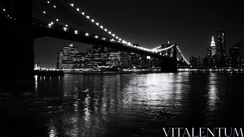 Midnight lights dancing across a calm city bridge view.