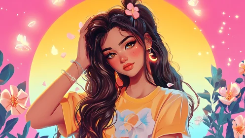 Sunlit girl in bloom surrounded by soft pastel magic.