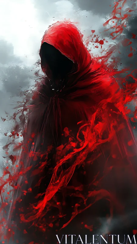 Hooded figure in red cloak dissolves into fluid splashes