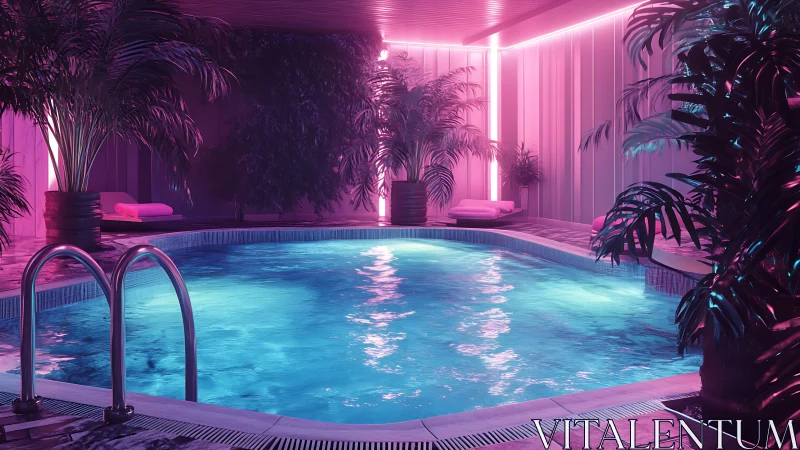 Neon-illuminated indoor pool with tropical foliage rendering.