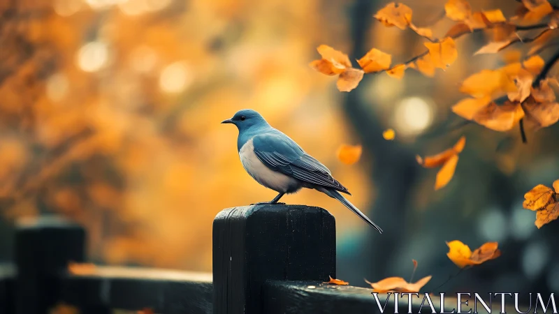 Blue bird perched on fence in autumn forest, vibrant colors.