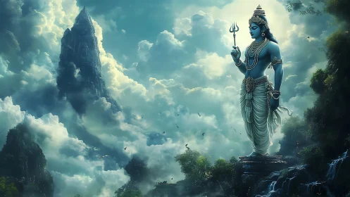 Colossal blue deity statue above misty mountain realm.