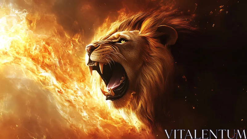 Roaring lion head erupts from swirling inferno of fire