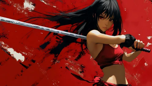 Dynamic katana-ready fighter in red over high-contrast abstract field