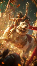Radiant goddess riding divine lion through festival light.