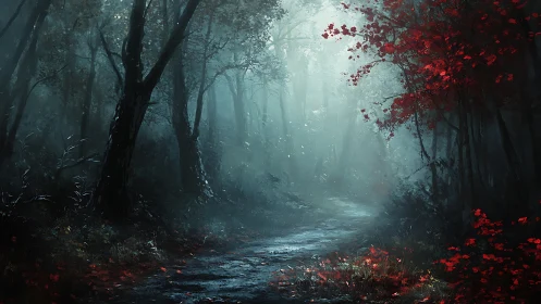 Misty Forest Path: Crimson Foliage Against Blue Fog