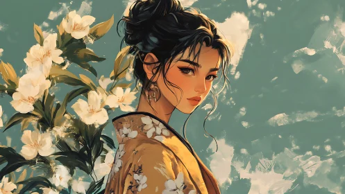 Calm digital portrait of woman in floral kimono.