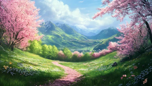 Spring valley pathway under cherry blossoms and peaks.