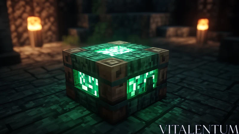 Glowing emerald cube in dim stone dungeon environment.