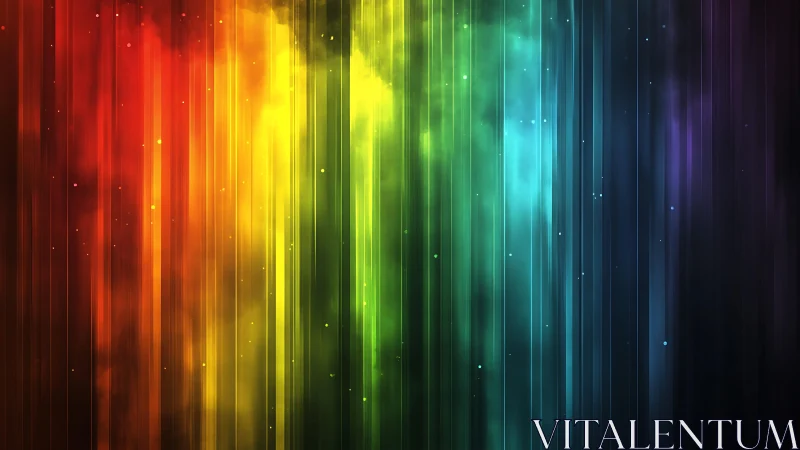 Vibrant abstract rainbow light beams with smoky digital effect.
