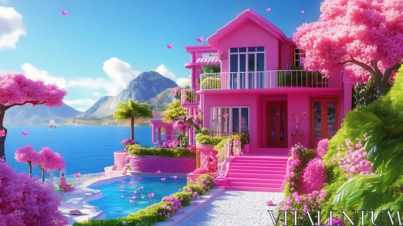 Dreamy pink seaside villa glows under soft coastal light