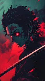 Blade-lit demon slayer in storm of ember-red twilight.