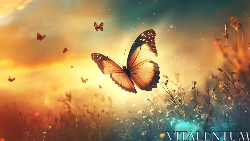 Vibrant Butterfly in Dreamy Meadow at Sunset, Digital Art Style.