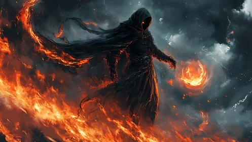 Hooded fire mage strides through stormy inferno skyscape
