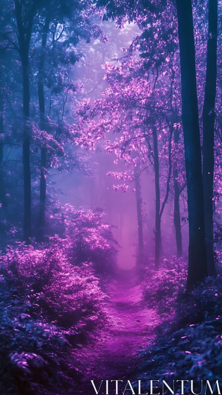 Forest pathway depicted with violet and magenta light diffusion through canopy