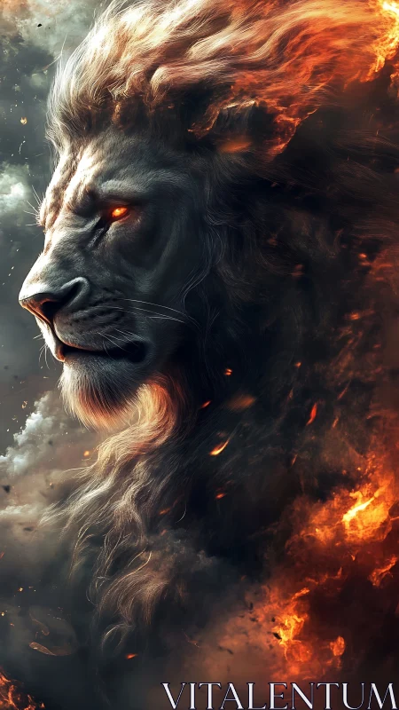 Lion profile with flaming mane in dark atmospheric smoke.