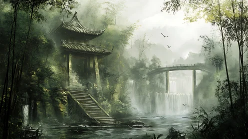 Misty forest temple overlooks arched bridge and waterfalls