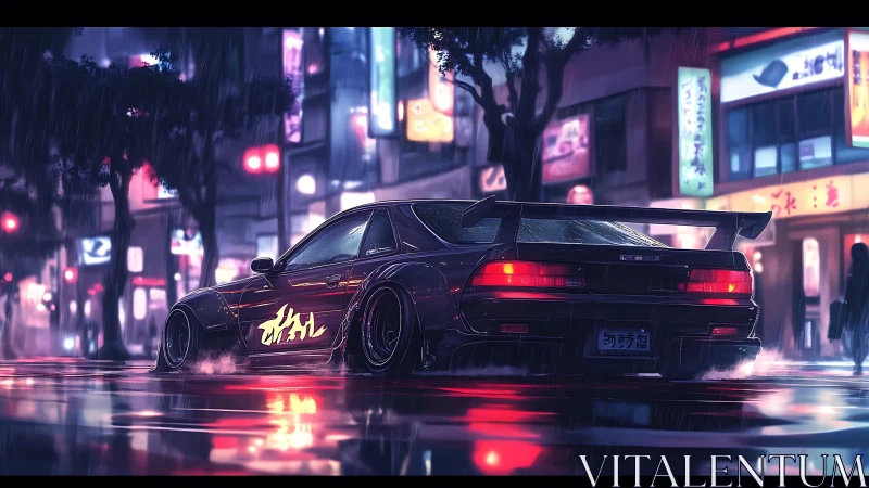 Neon-lit street racer glides through a rainy night cityscape.