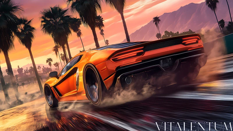 Sunset street racer gliding through glowing palm-lined road.