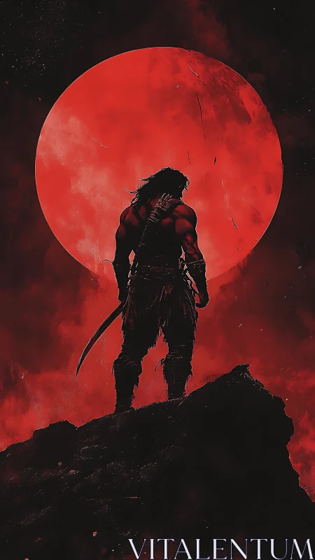 Warrior silhouette before large red moon on cliff edge.