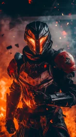 Armored fire warrior strides through burning embers defiantly.