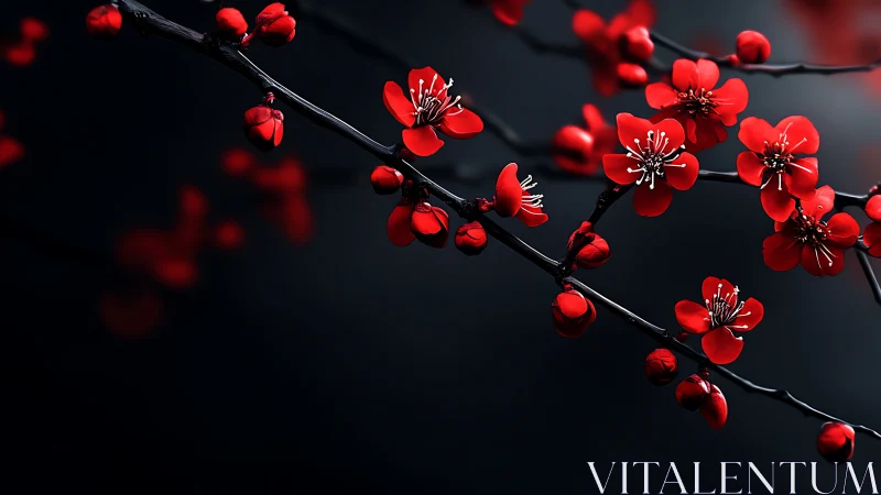 Vibrant Red Blossoms Dancing on Dark Branches