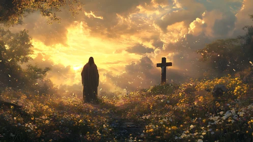 Robe clad figure and cross in sunlit wildflower clearing.