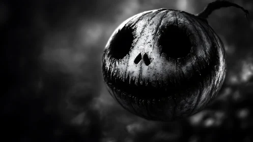 Monochrome carved pumpkin face in misty dark setting.